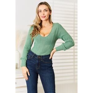 Basic Bae Green Scoop Neck Long Sleeve Textured Top Sexy NEW Small
